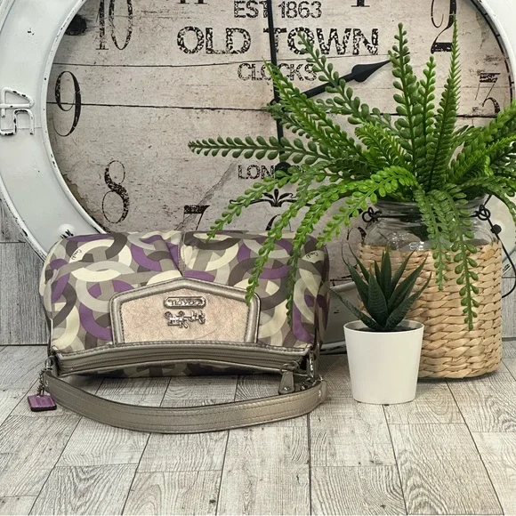 COACH - Mini Madison Op Art Shoulder Handbag Purple Silver Cream & Gray - Picture 10 of 15